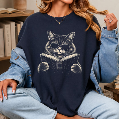 Cat Reading Book Softstyle T-Shirt | Book Lover Gift Navy
