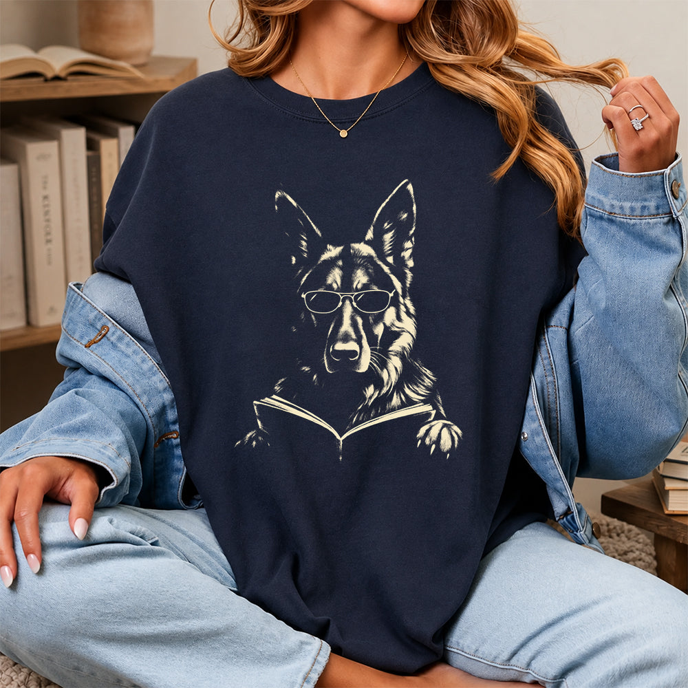 German Shepherd Reading Book Softstyle T-Shirt | Book Lover Gift Navy