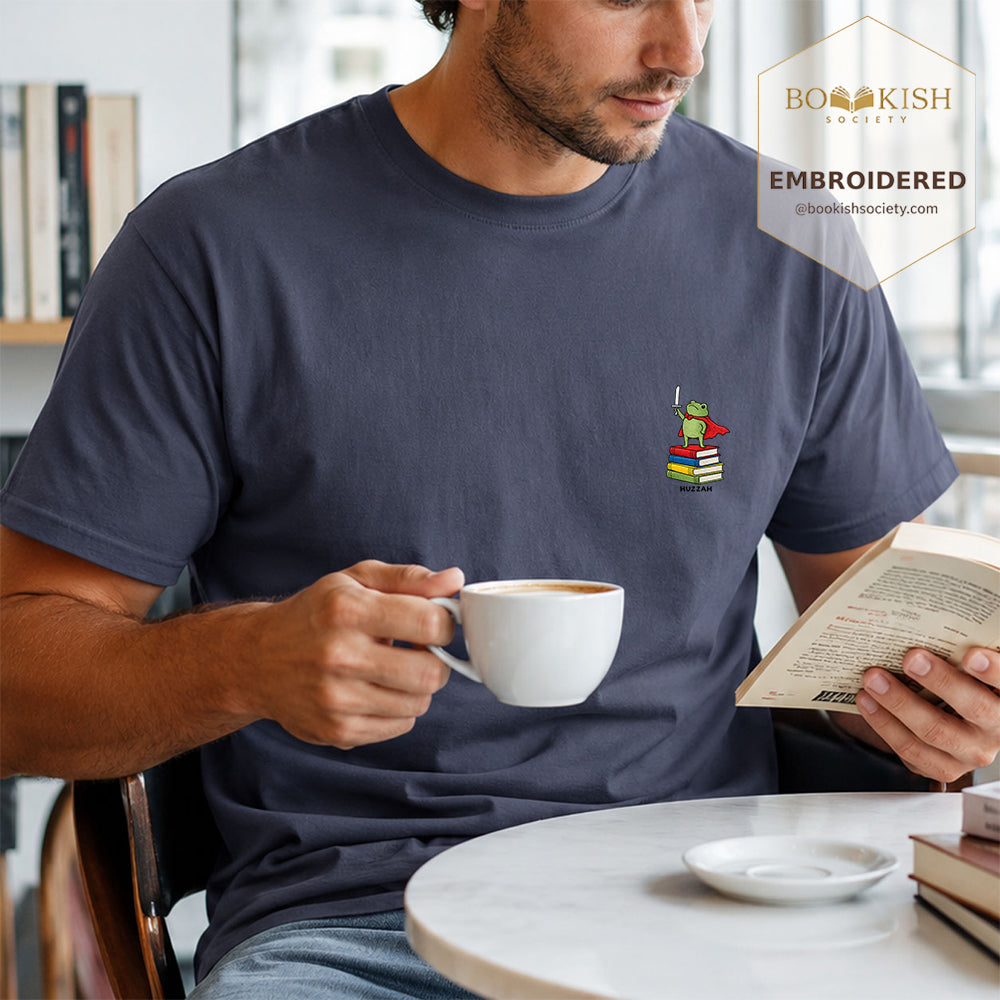 Embroidered Huzzah Cute Frog Comfort Color ® T-shirt Book Lover Gift Navy