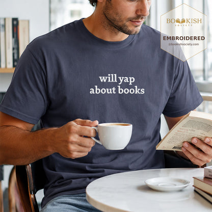 Embroidered Will Yap About Books Comfort Color ® T-shirt Book Lover Gift Navy