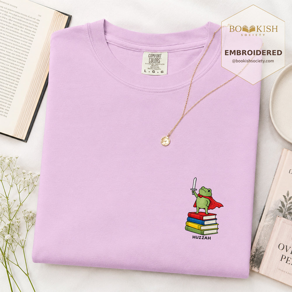 Embroidered Huzzah Cute Frog Comfort Color ® T-shirt Book Lover Gift Orchid