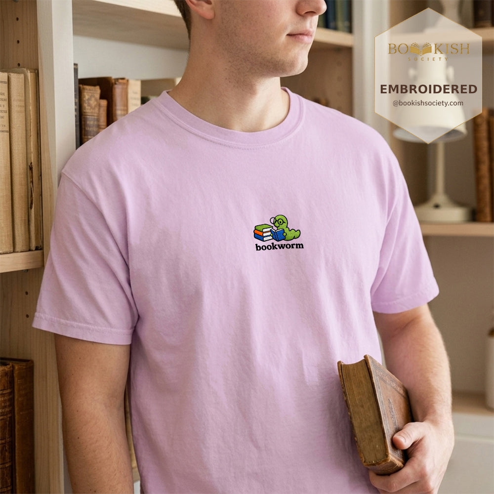 Embroidered Bookworm Comfort Color ® T-shirt Book Lover Gift Orchid
