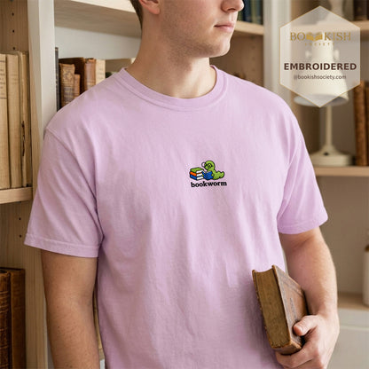 Embroidered Bookworm Comfort Color ® T-shirt Book Lover Gift Orchid