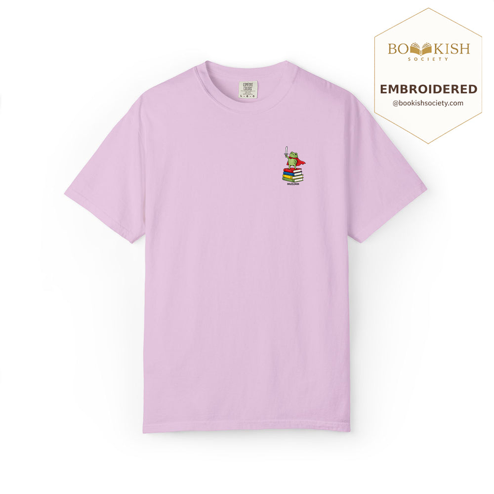 Embroidered Huzzah Cute Frog Comfort Color ® T-shirt Book Lover Gift Orchid