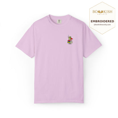 Embroidered Huzzah Cute Frog Comfort Color ® T-shirt Book Lover Gift Orchid