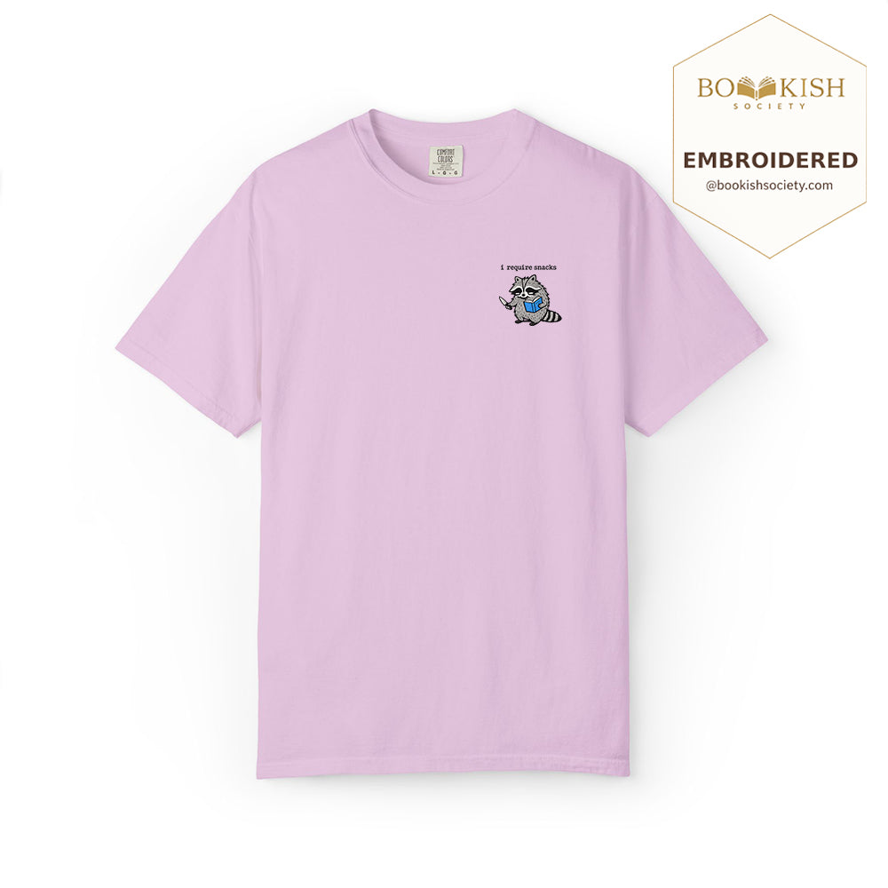 Embroidered I Require Snacks Comfort Color ® T-shirt Book Lover Gift Orchid