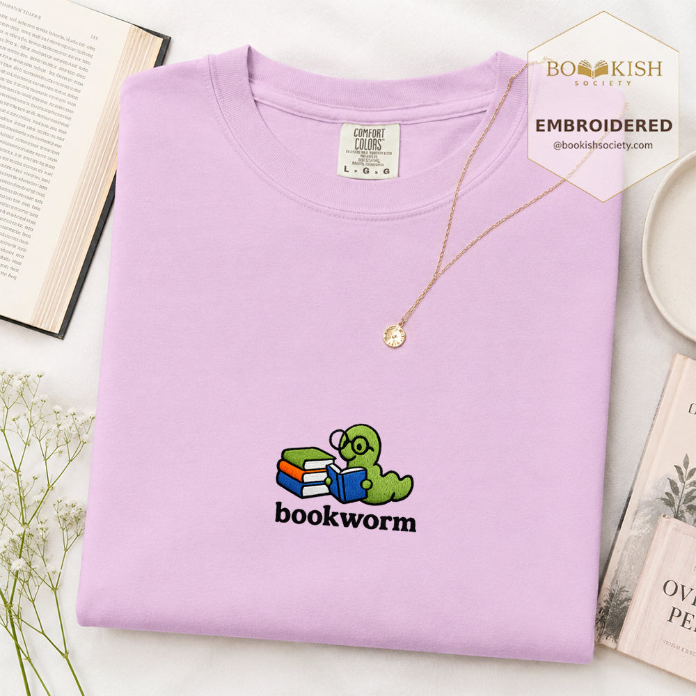 Embroidered Bookworm Comfort Color ® T-shirt Book Lover Gift Orchid