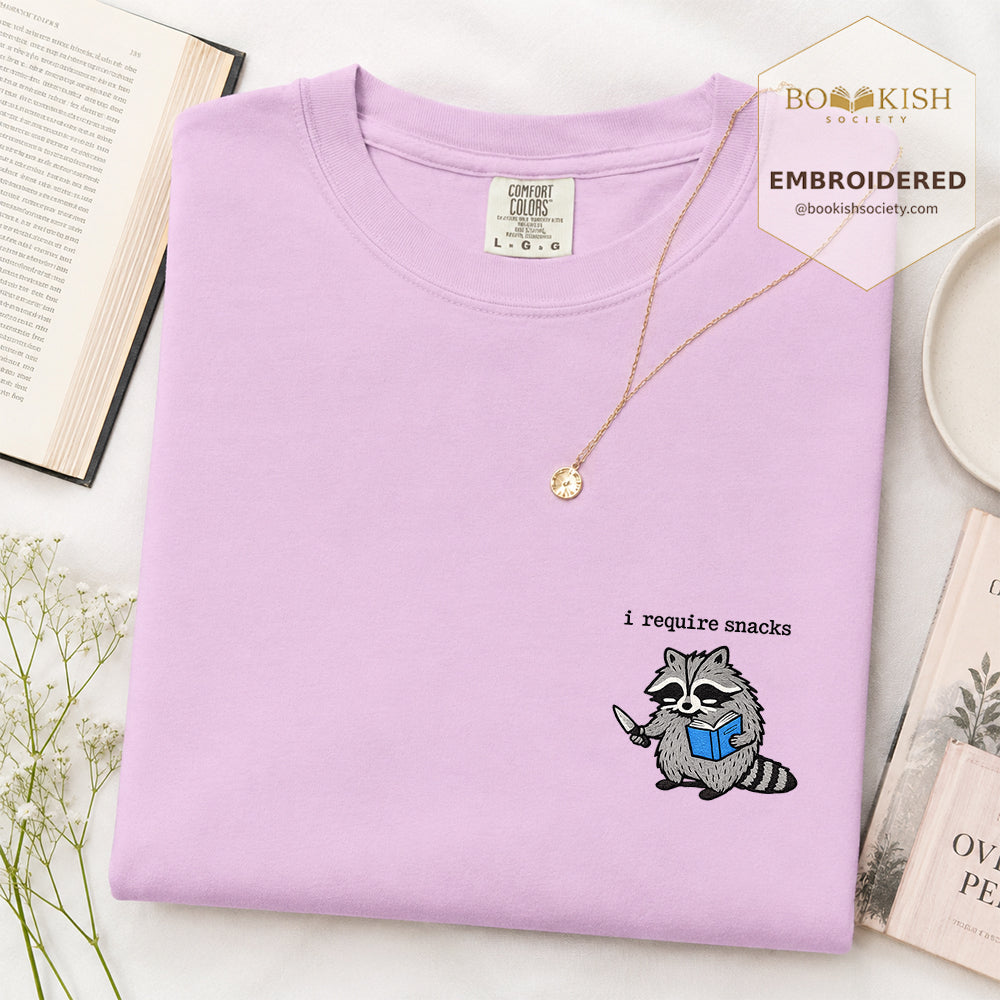 Embroidered I Require Snacks Comfort Color ® T-shirt Book Lover Gift Orchid