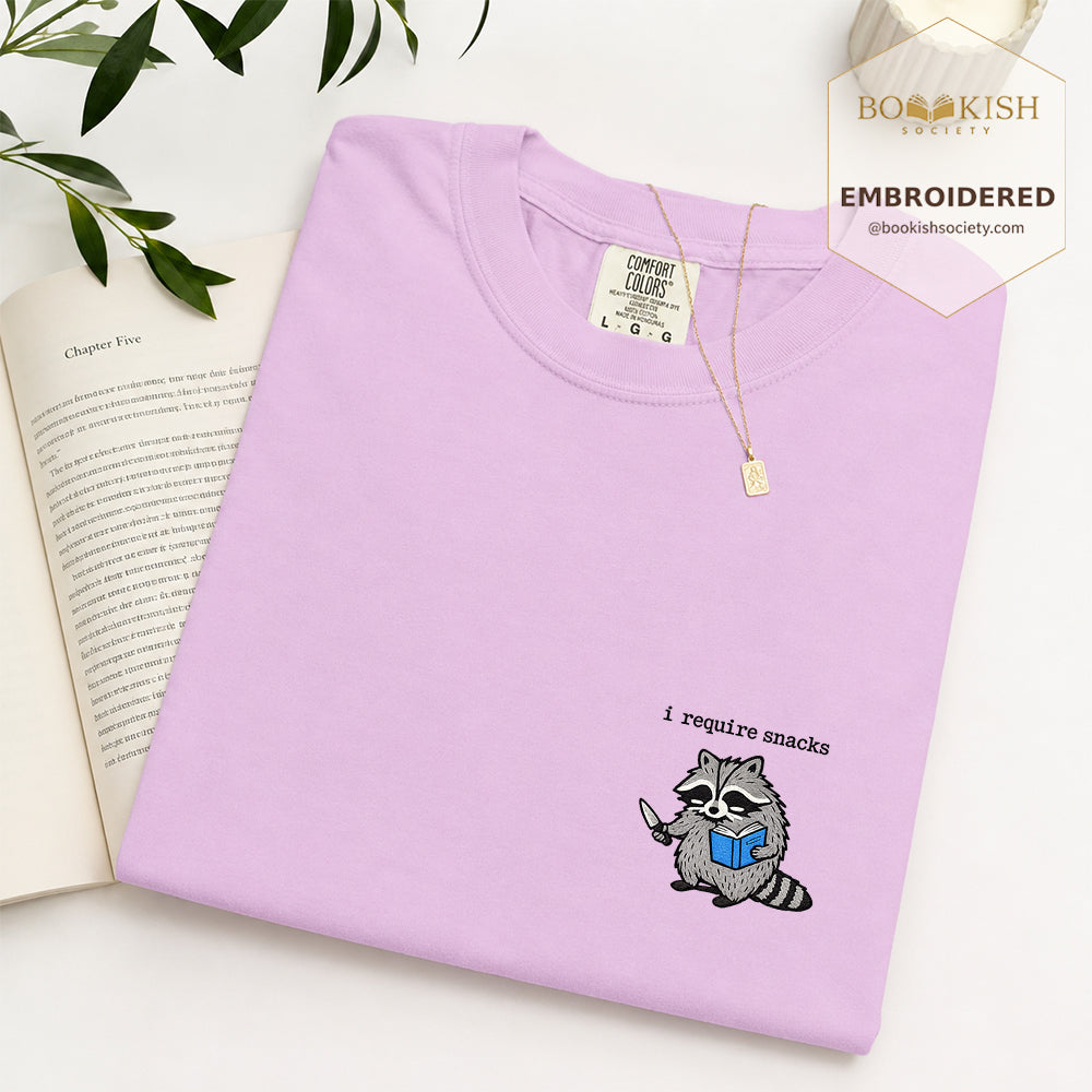 Embroidered I Require Snacks Comfort Color ® T-shirt Book Lover Gift Orchid