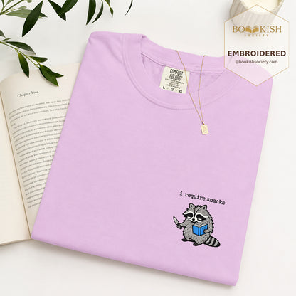 Embroidered I Require Snacks Comfort Color ® T-shirt Book Lover Gift Orchid
