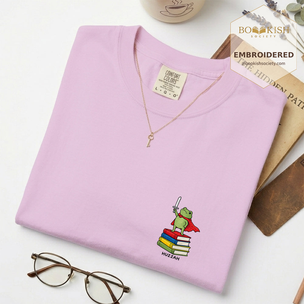 Embroidered Huzzah Cute Frog Comfort Color ® T-shirt Book Lover Gift Orchid