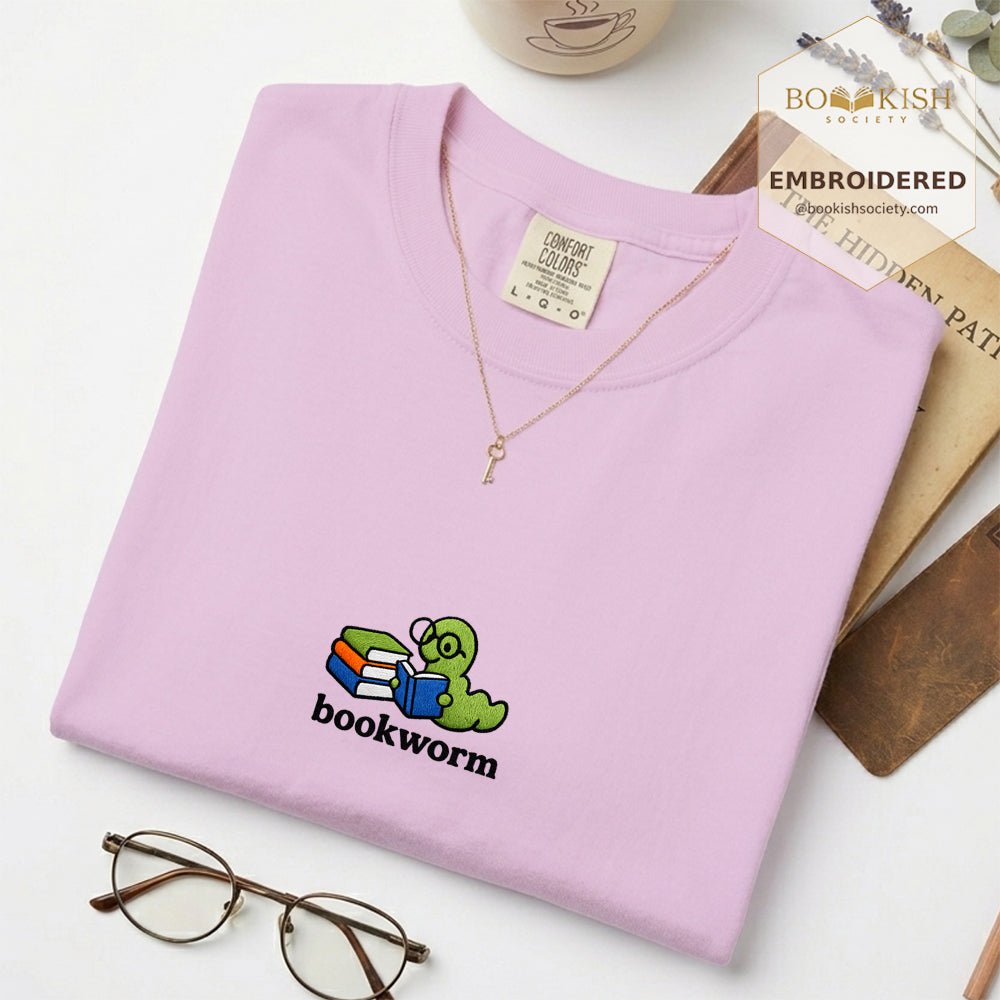 Embroidered Bookworm Comfort Color ® T-shirt Book Lover Gift Orchid
