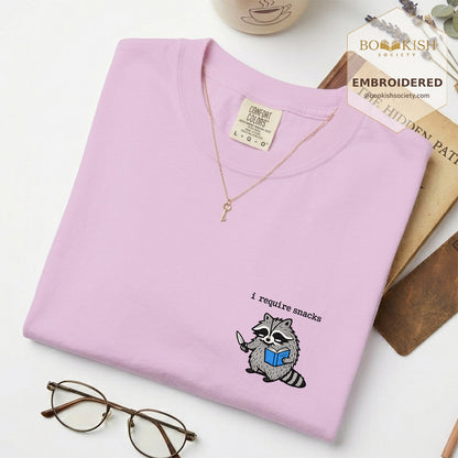 Embroidered I Require Snacks Comfort Color ® T-shirt Book Lover Gift Orchid