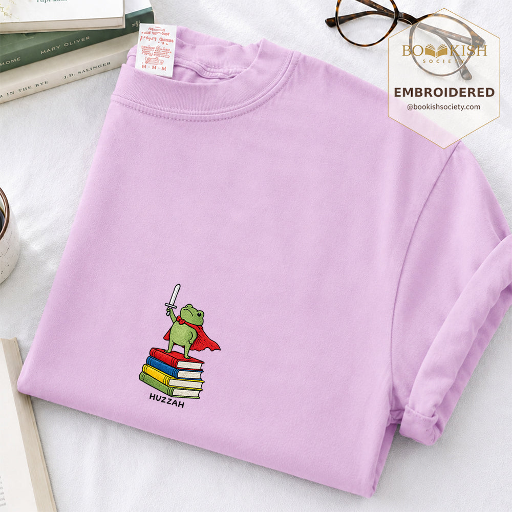 Embroidered Huzzah Cute Frog Comfort Color ® T-shirt Book Lover Gift Orchid