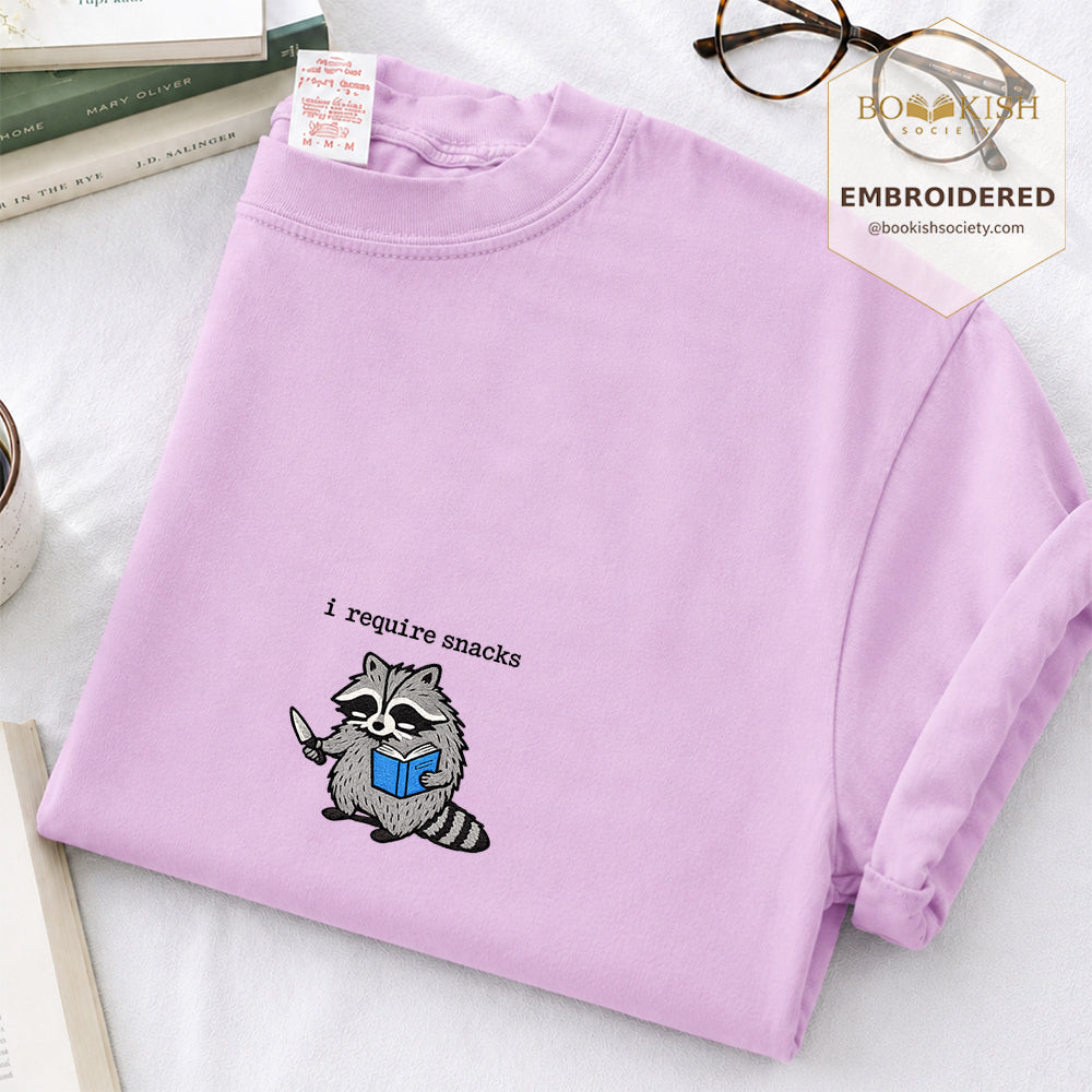 Embroidered I Require Snacks Comfort Color ® T-shirt Book Lover Gift Orchid