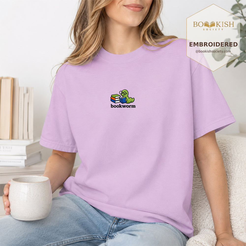 Embroidered Bookworm Comfort Color ® T-shirt Book Lover Gift Orchid