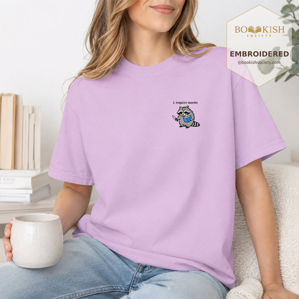 Embroidered I Require Snacks Comfort Color ® T-shirt Book Lover Gift Orchid