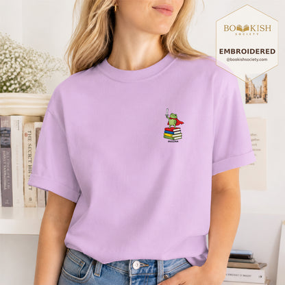 Embroidered Huzzah Cute Frog Comfort Color ® T-shirt Book Lover Gift Orchid