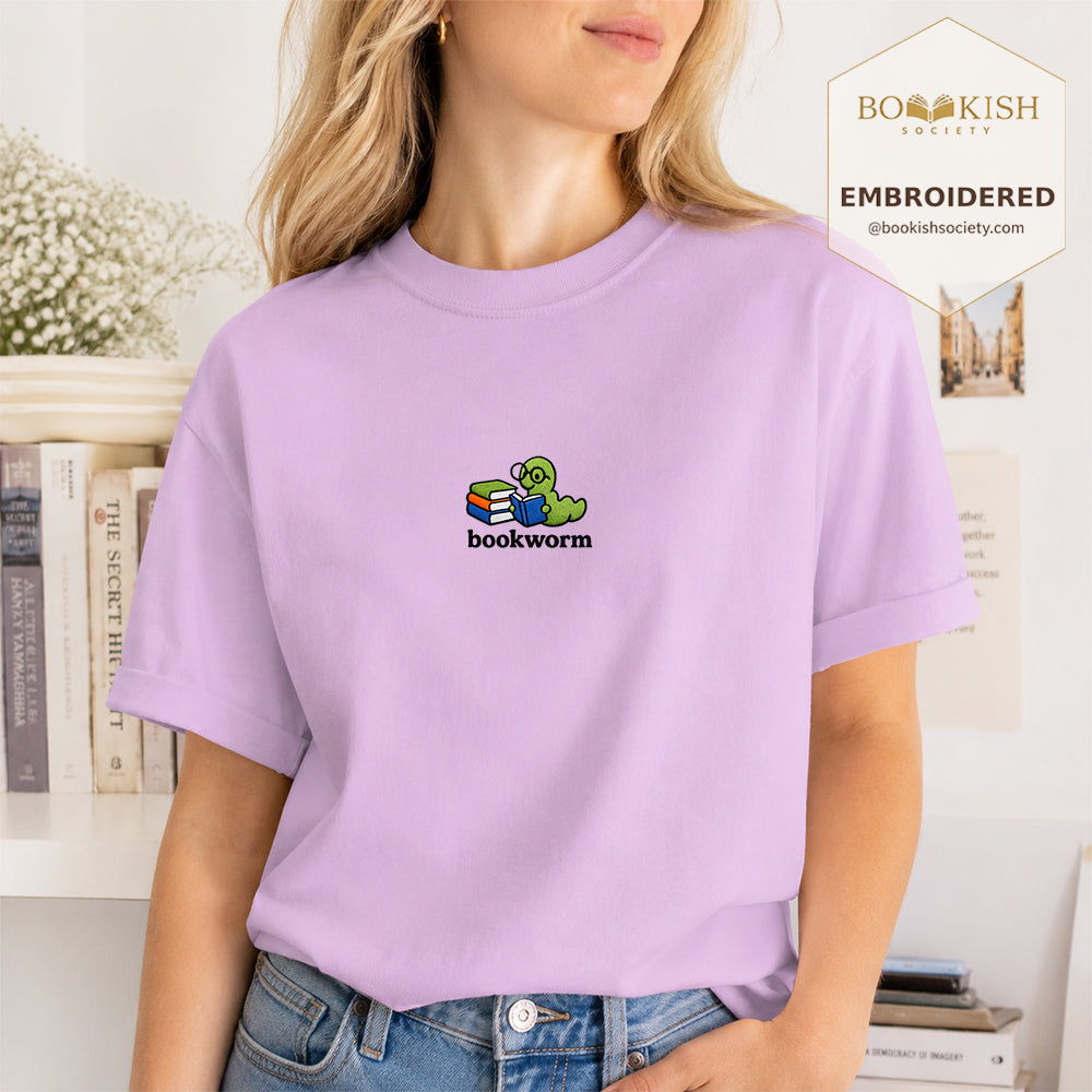 Embroidered Bookworm Comfort Color ® T-shirt Book Lover Gift Orchid