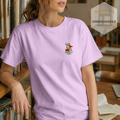 Embroidered Huzzah Cute Frog Comfort Color ® T-shirt Book Lover Gift Orchid