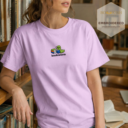 Embroidered Bookworm Comfort Color ® T-shirt Book Lover Gift Orchid