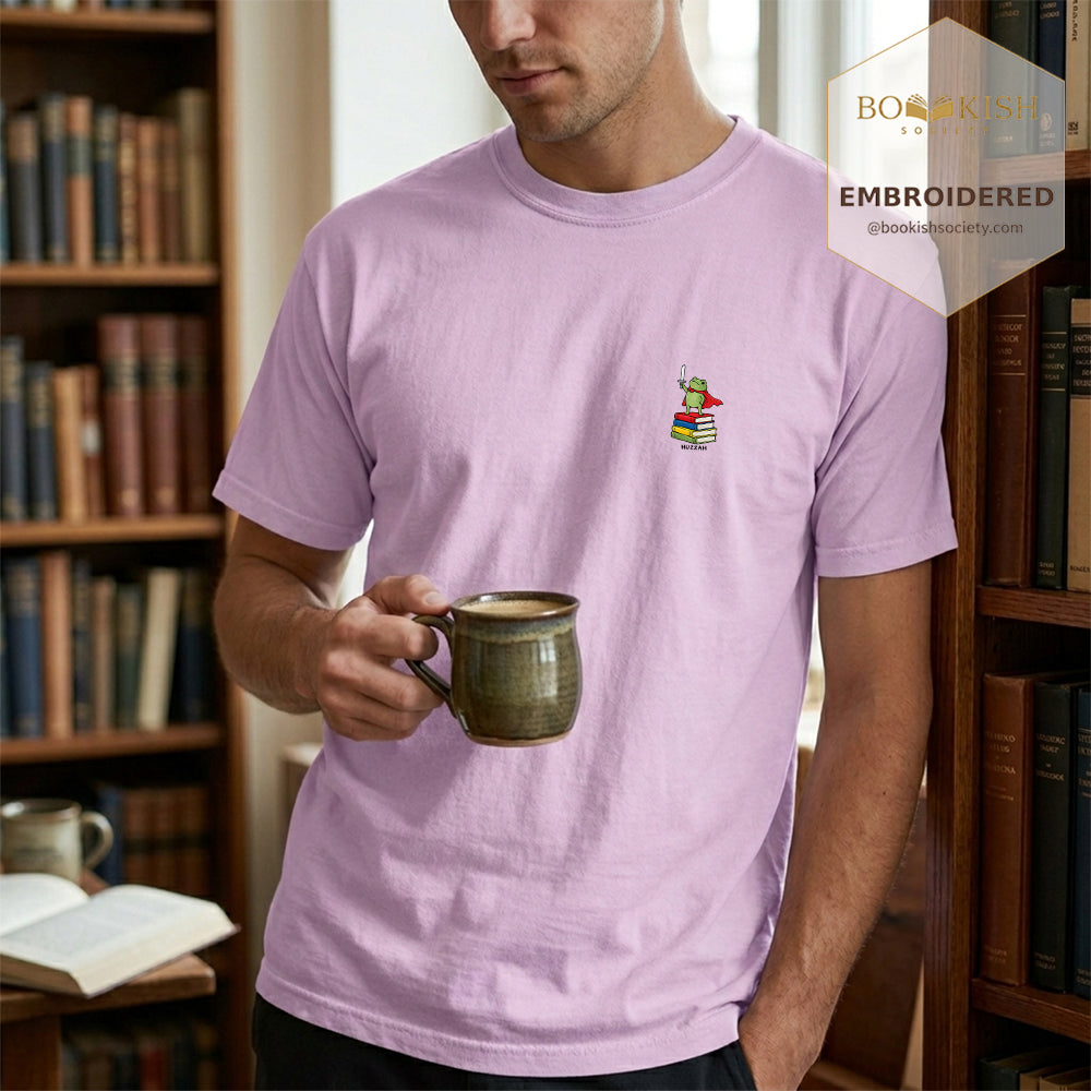 Embroidered Huzzah Cute Frog Comfort Color ® T-shirt Book Lover Gift Orchid