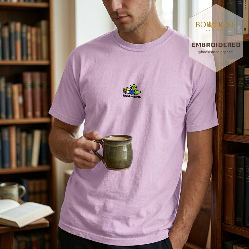 Embroidered Bookworm Comfort Color ® T-shirt Book Lover Gift Orchid