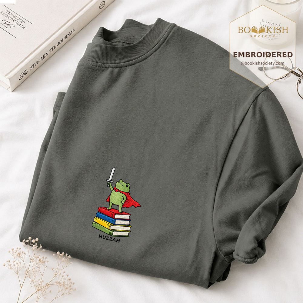 Embroidered Huzzah Cute Frog Comfort Color ® T-shirt Book Lover Gift Pepper