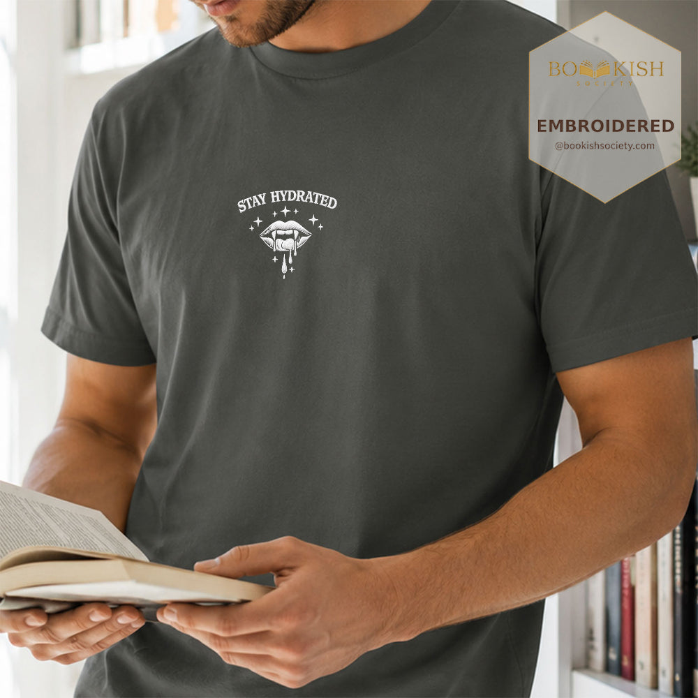 Embroidered Stay Hydrated Comfort Color ® T-shirt Book Lover Gift Pepper