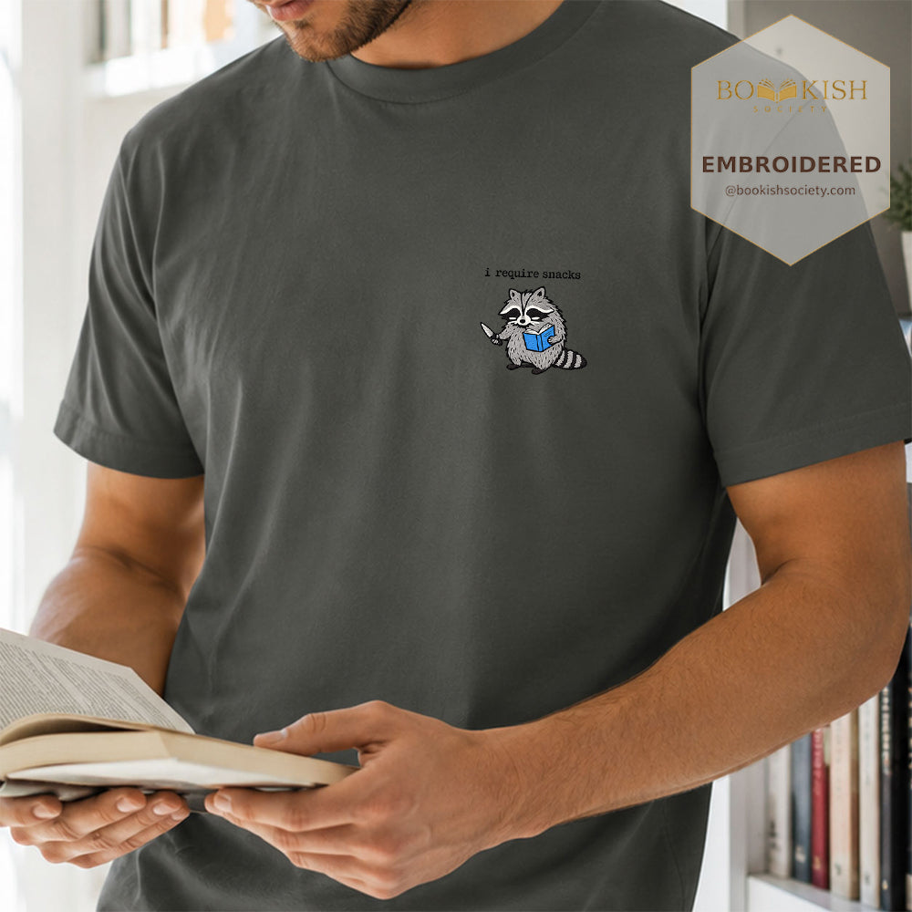 Embroidered I Require Snacks Comfort Color ® T-shirt Book Lover Gift Pepper