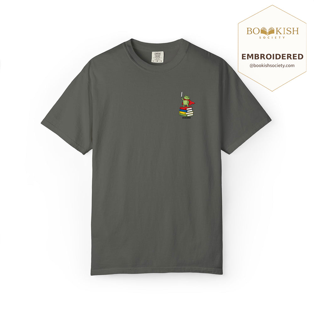 Embroidered Huzzah Cute Frog Comfort Color ® T-shirt Book Lover Gift Pepper