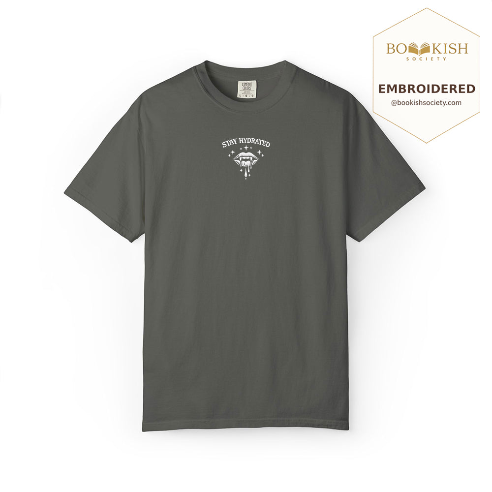 Embroidered Stay Hydrated Comfort Color ® T-shirt Book Lover Gift Pepper