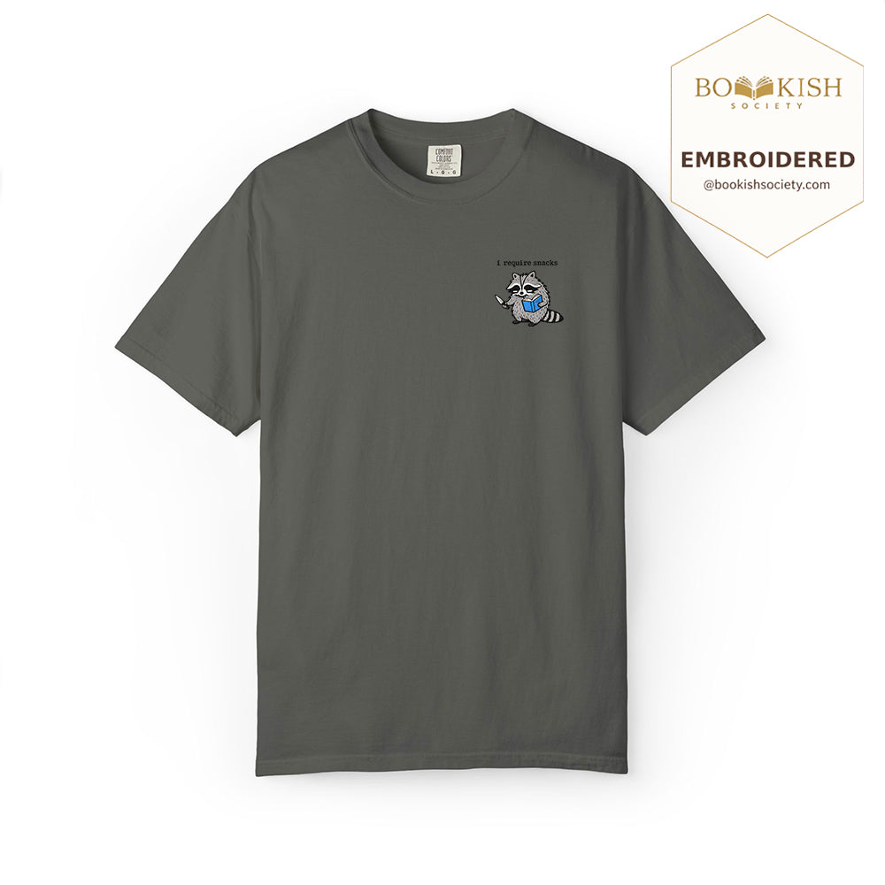 Embroidered I Require Snacks Comfort Color ® T-shirt Book Lover Gift Pepper
