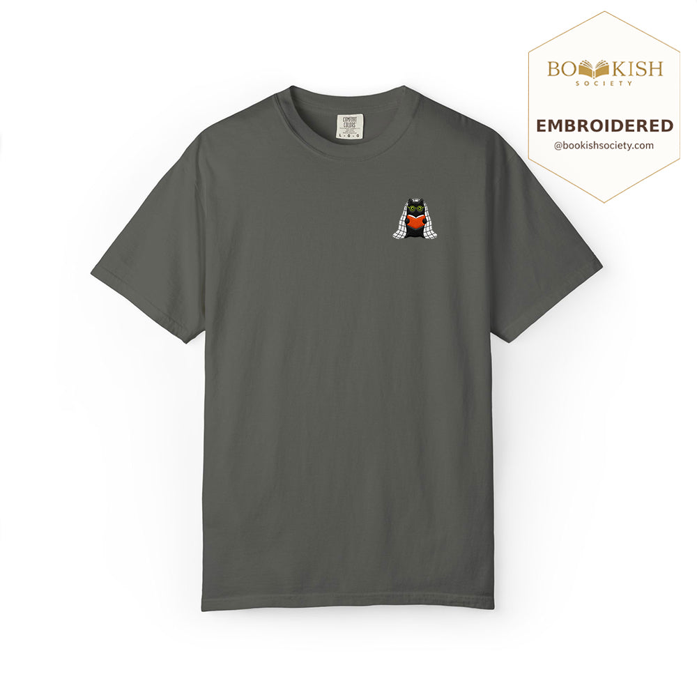 Embroidered Cat Reading Comfort Color ® T-shirt Book Lover Gift Pepper