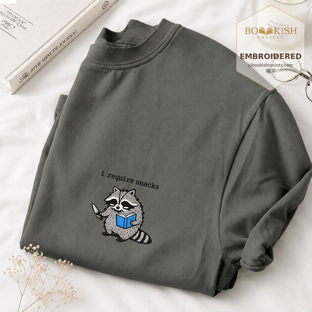 Embroidered I Require Snacks Comfort Color ® T-shirt Book Lover Gift Pepper