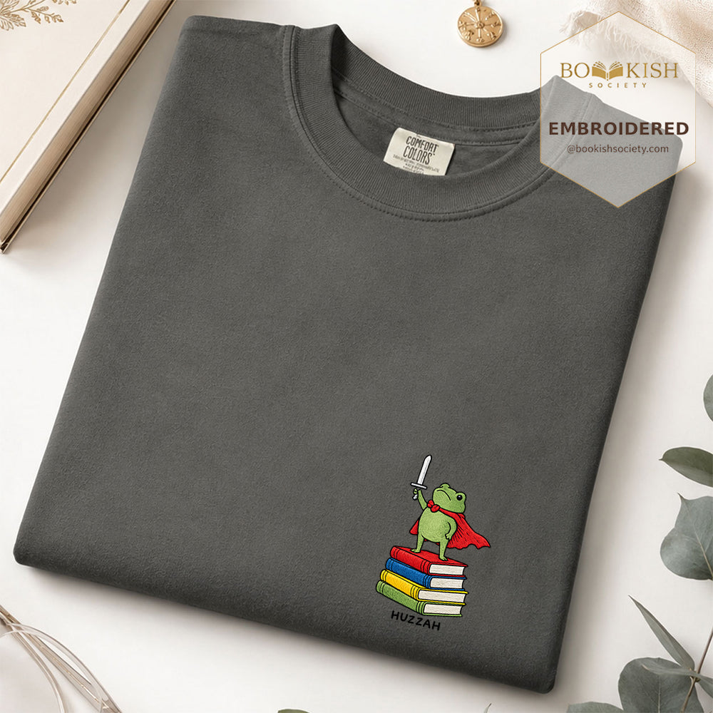 Embroidered Huzzah Cute Frog Comfort Color ® T-shirt Book Lover Gift Pepper