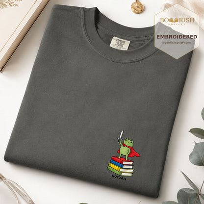 Embroidered Huzzah Cute Frog Comfort Color ® T-shirt Book Lover Gift Pepper