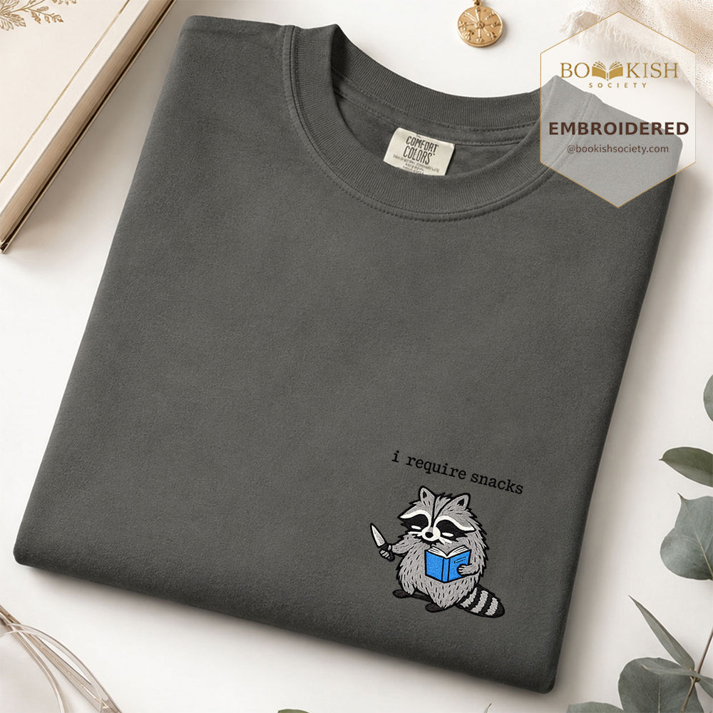 Embroidered I Require Snacks Comfort Color ® T-shirt Book Lover Gift Pepper