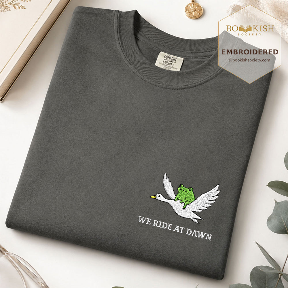 Embroidered We Ride at Dawn Comfort Color ® T-shirt Book Lover Gift Pepper