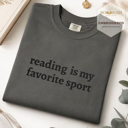 Embroidered Reading Is My Favorite Sport Comfort Color® T-shirt Book Lover Gift Pepper