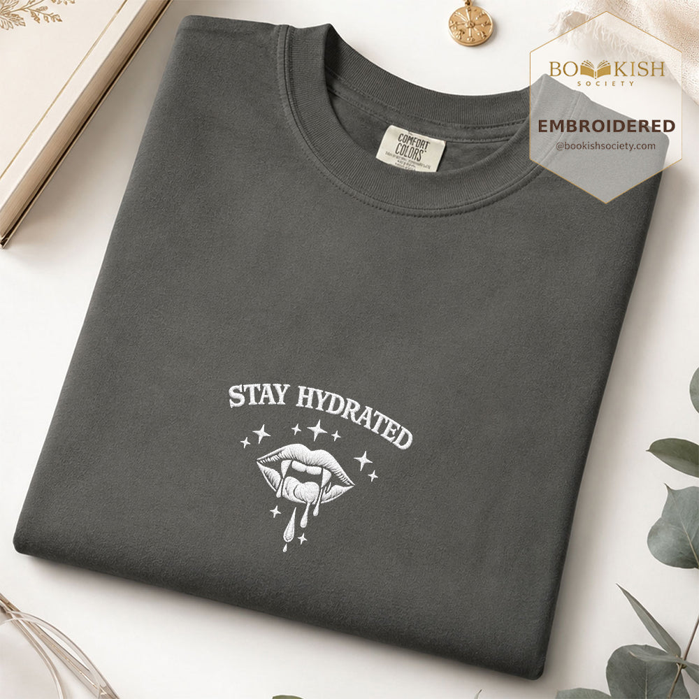 Embroidered Stay Hydrated Comfort Color ® T-shirt Book Lover Gift Pepper