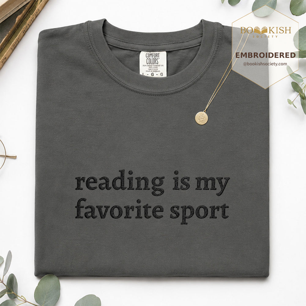Embroidered Reading Is My Favorite Sport Comfort Color® T-shirt Book Lover Gift Pepper