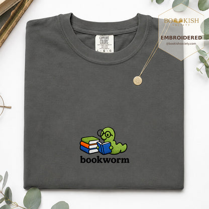 Embroidered Bookworm Comfort Color ® T-shirt Book Lover Gift Pepper