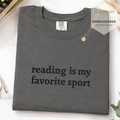 Embroidered Reading Is My Favorite Sport Comfort Color® T-shirt Book Lover Gift Pepper