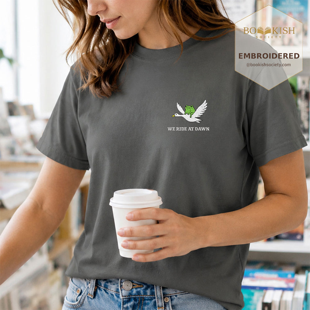 Embroidered We Ride at Dawn Comfort Color ® T-shirt Book Lover Gift Pepper