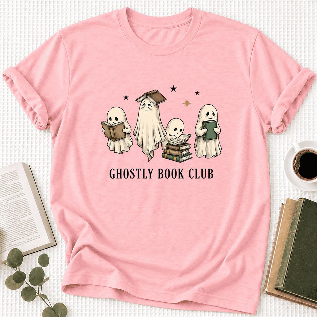 Ghostly Book Club Ultra-Soft Cotton T-Shirt | Spooky Book Lover Gift Pink
