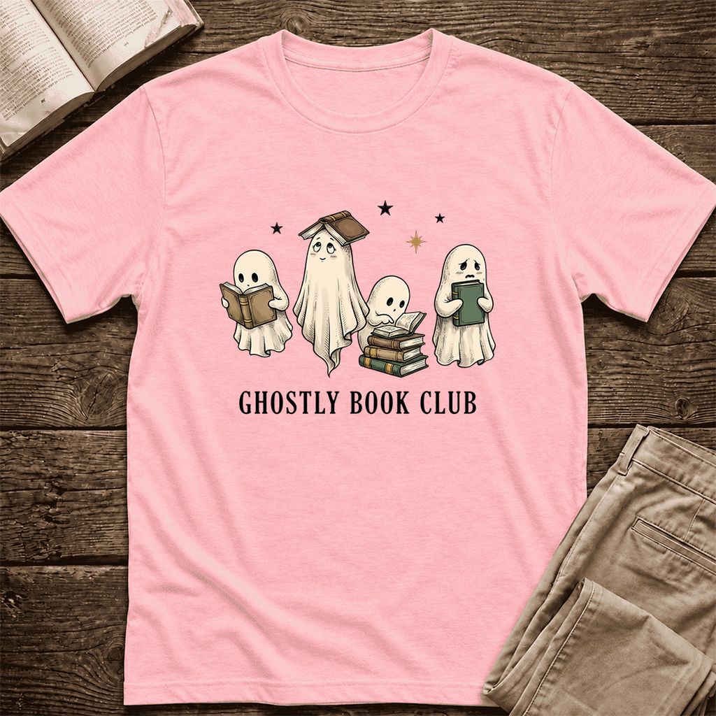 Ghostly Book Club Ultra-Soft Cotton T-Shirt | Spooky Book Lover Gift Pink