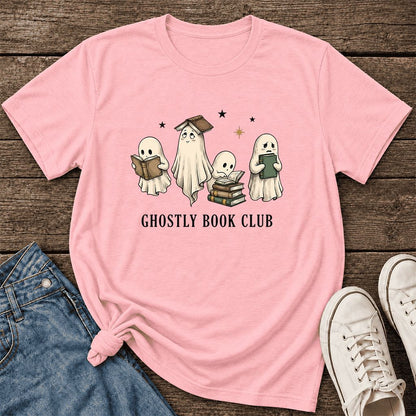 Ghostly Book Club Ultra-Soft Cotton T-Shirt | Spooky Book Lover Gift Pink