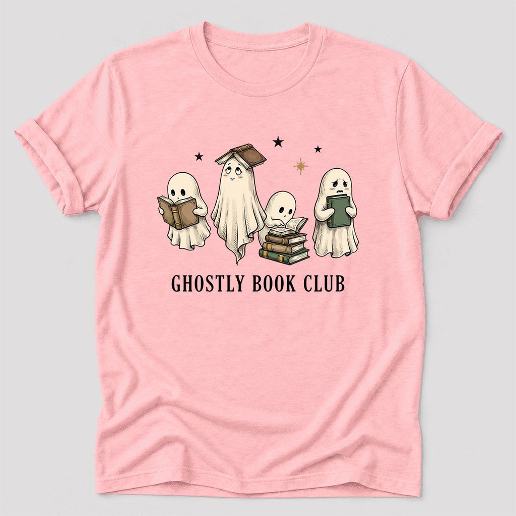 Ghostly Book Club Ultra-Soft Cotton T-Shirt | Spooky Book Lover Gift Pink