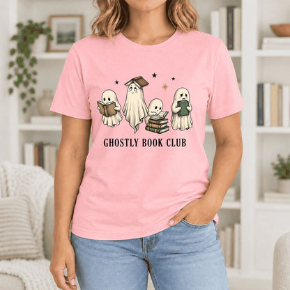 Ghostly Book Club Ultra-Soft Cotton T-Shirt | Spooky Book Lover Gift Pink